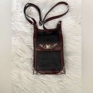 Marc Chantal MC Black Leather Handbag Faux Croc Silver Embossed Accents Vintage